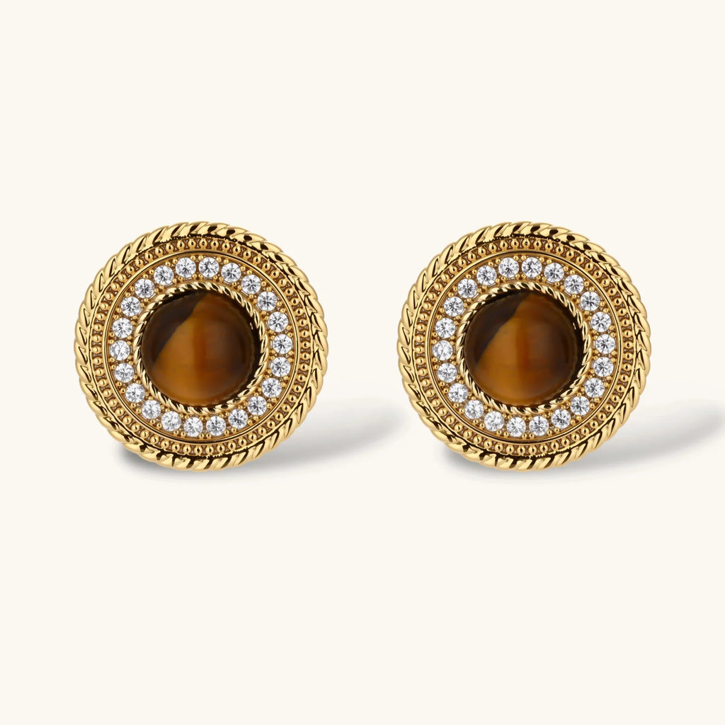 Gold plated eco-brass set with brown cat-eye stone pendant, beaded brown necklace and matching round zirconia halo stud earrings.