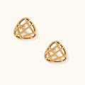 Pair of triangular gold-plated earrings with rope-textured lattice pattern on cream background, dimensional stud design